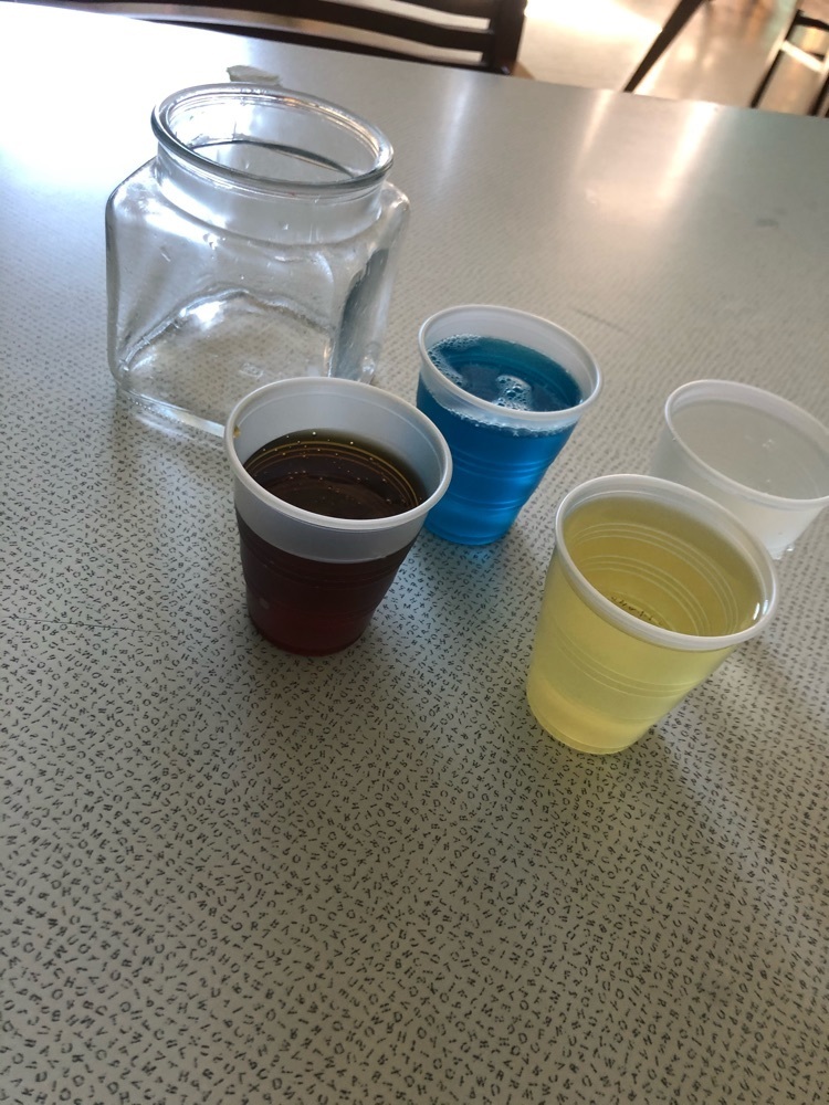 liquids: corn syrup, soap, water, & oil 